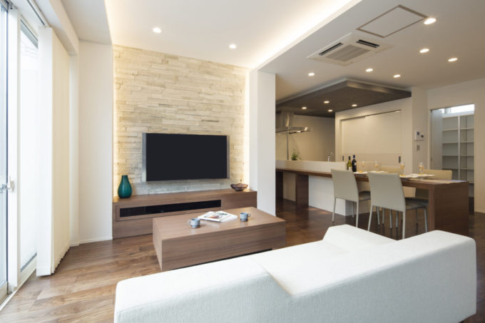 シブサワスタイル　モダン　リビング　ダイニング　造作　造作家具　ダイニングテーブル　テレビボード　ローテーブル　間接照明